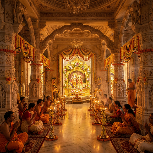 Temple worship ceremony with golden lamps and flower garlands